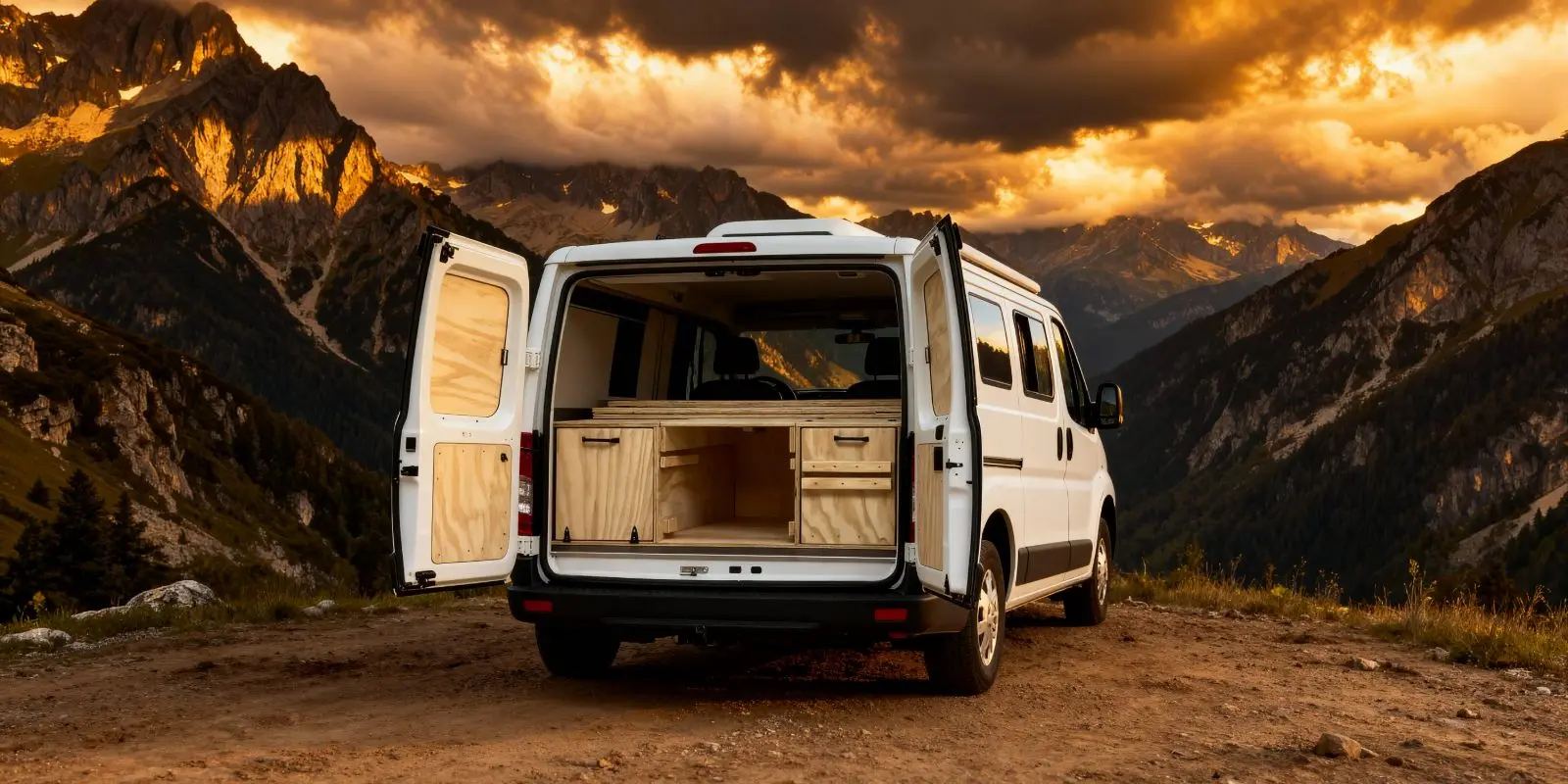 Ludospace aménagé avec un kit camper en bois, hayon ouvert face à la montagne